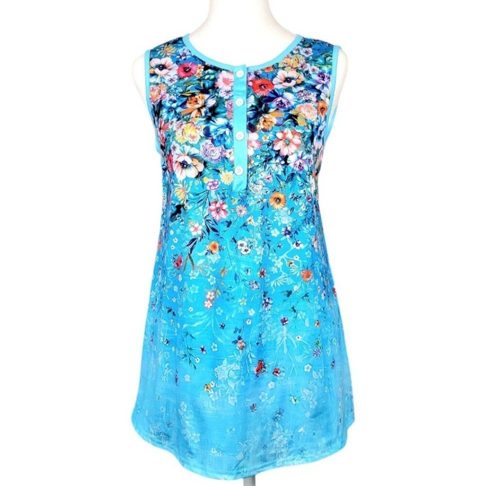 Women's XXL Blue Tropical Tank Top - Chic Half-Placket Design Lightweight Style